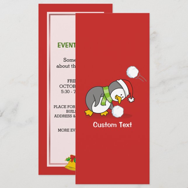 Invitación Pingüino navidad recibiendo bola de nieve (Anverso / Reverso)