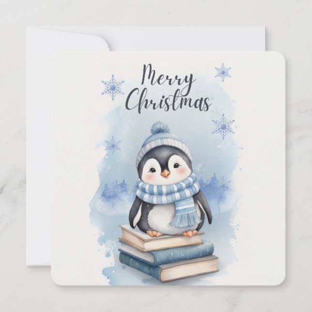 Invitación Pingüino Navidades de acuarela (Anverso)