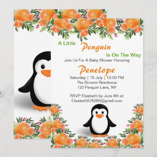 Invitación Pingüino negro y Naranja | Flores Naranjas y verde
