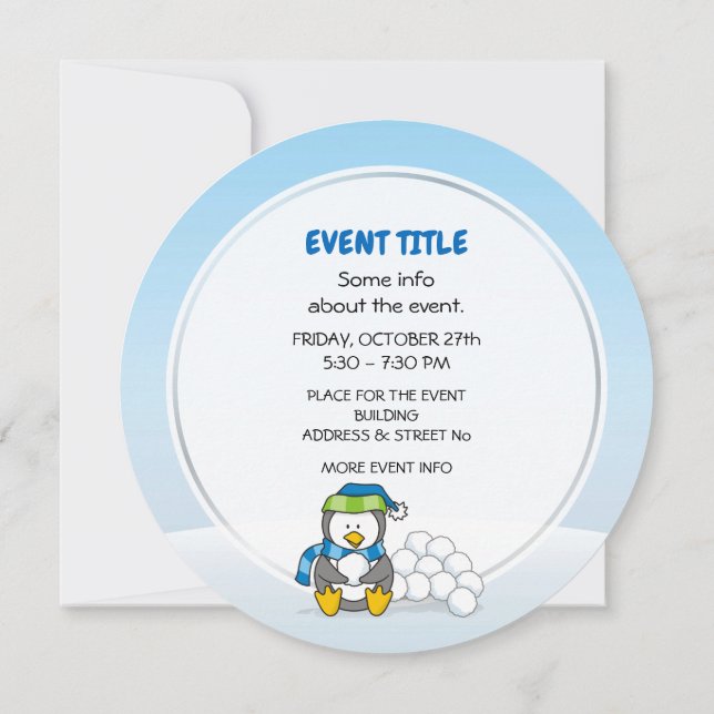 Invitación Pingüino pequeño sentado con bolas de nieve (Reverso)