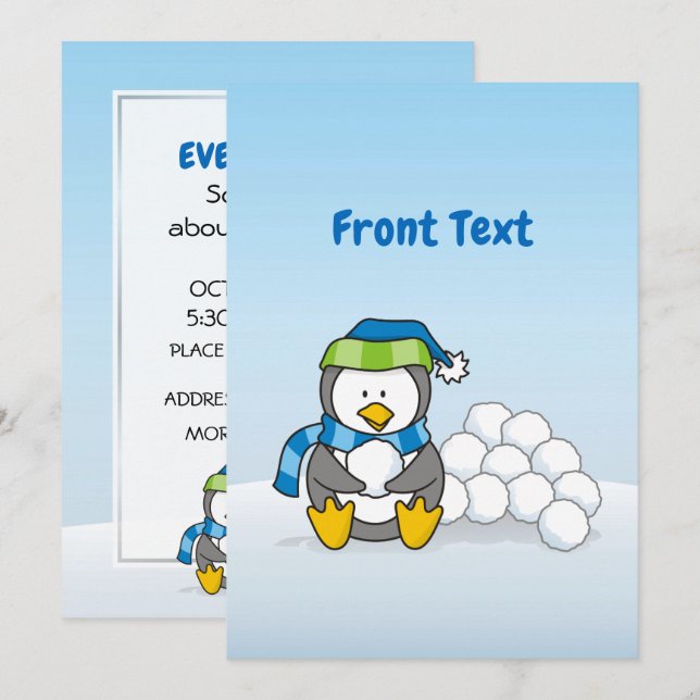 Invitación Pingüino pequeño sentado con bolas de nieve (Anverso / Reverso)