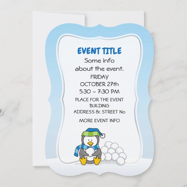 Invitación Pingüino pequeño sentado con bolas de nieve (Reverso)
