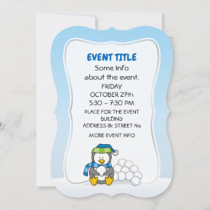 Invitación Pingüino pequeño sentado con bolas de nieve