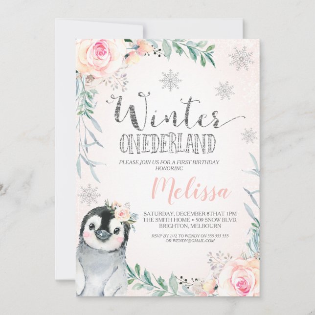 Invitación Pingüino Plateado Floral Invierno Onederland Cumpl (Anverso)