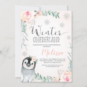 Invitación Pingüino Plateado Floral Invierno Onederland Cumpl