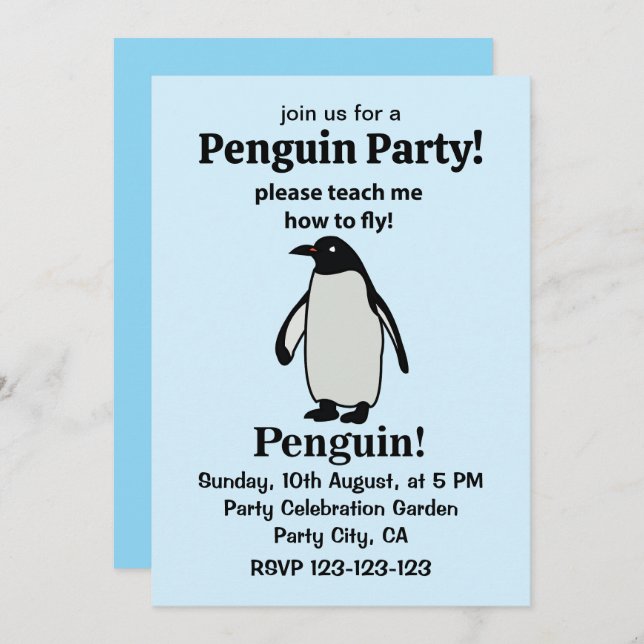 Invitación Pingüino, Por Favor, Enséñame Cómo Volar Pingüino  (Anverso / Reverso)