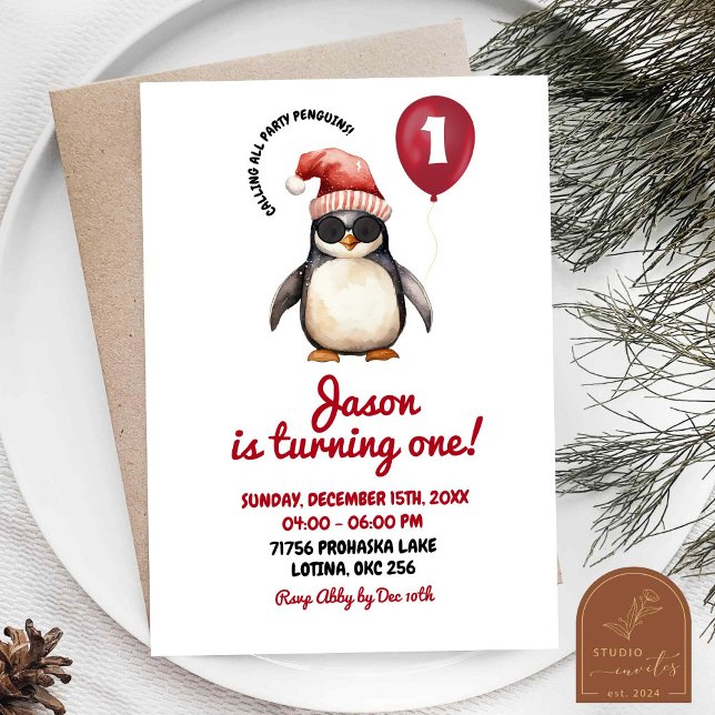 Invitación Pingüino Rojo de Invierno Genial Cumpleaños Número (Subido por el creador)