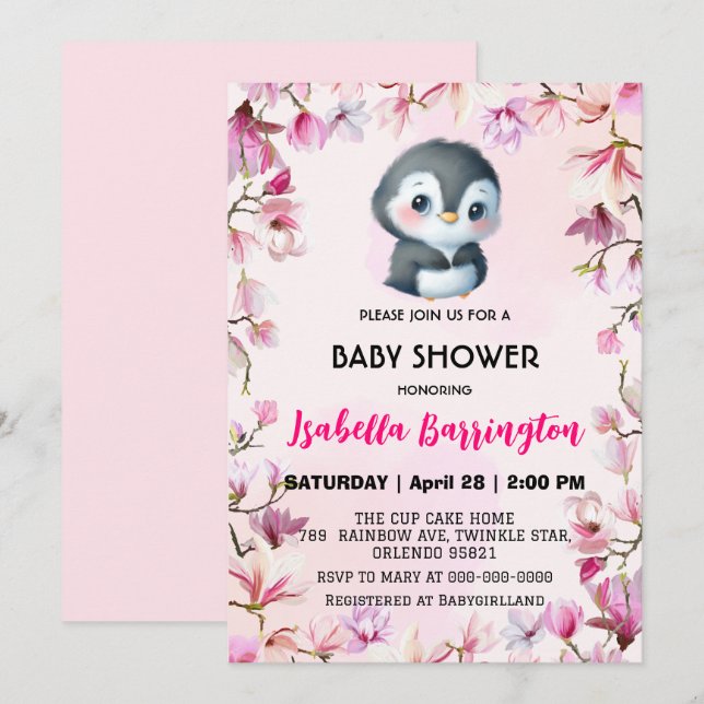 Invitación Pingüino rosa Cute flor dulce bebé ducha niños (Anverso / Reverso)