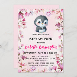 Invitación Pingüino rosa Cute flor dulce bebé ducha niños