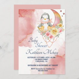 Invitación Pingüino Rosa de Maravilla, chica de ducha para be