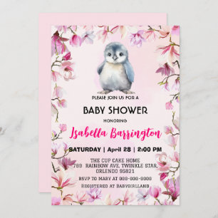 Invitación Pingüino rosado lindo flores bebé pingüino ducha b