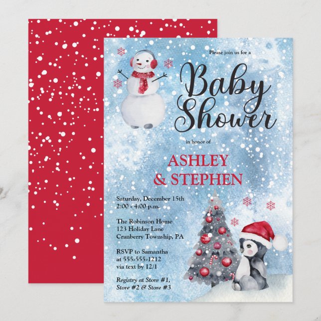 Invitación Pingüino | Snowman Winter Boy Baby Shower (Anverso / Reverso)