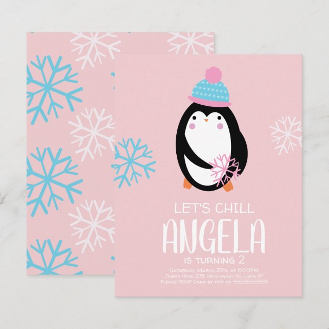 Invitación Pingüino sosteniendo copos de nieve Cumpleaños de  (Anverso / Reverso)