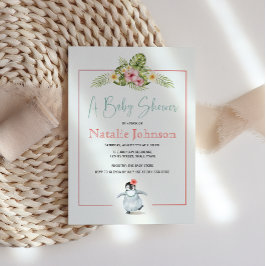 Invitación Pingüino tropical lindo rosa bebé niña Baby Shower
