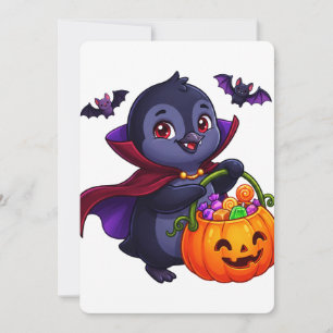 Invitación Pingüino vampiro de Halloween con calabaza de dulc