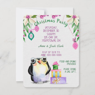 Invitación pingüino y regalos para Navidades tropicales fiest