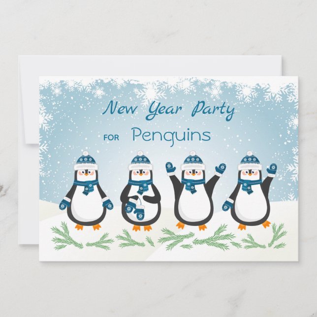 Invitación Pingüinos, copos de nieve Año Nuevo (Anverso)