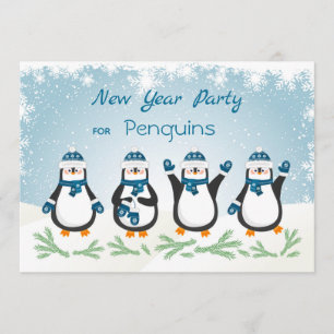 Invitación Pingüinos, copos de nieve Año Nuevo