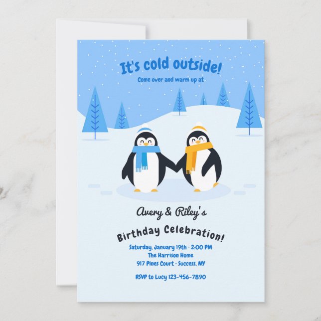 Invitación Pingüinos en la fiesta del cumpleaños de la nieve (Anverso)