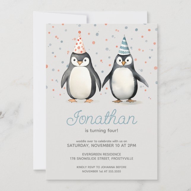 Invitación Pingüinos fiestas, jadeando por el cumpleaños de l (Anverso)
