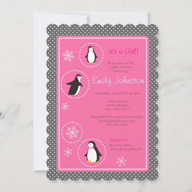 Invitación pingüinos lindos chica ducha de bebé 5 x 7 invitac (Anverso)