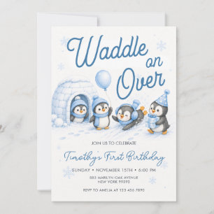 Invitación Pinguinos tambaleándose Animales Primera Cumpleaño