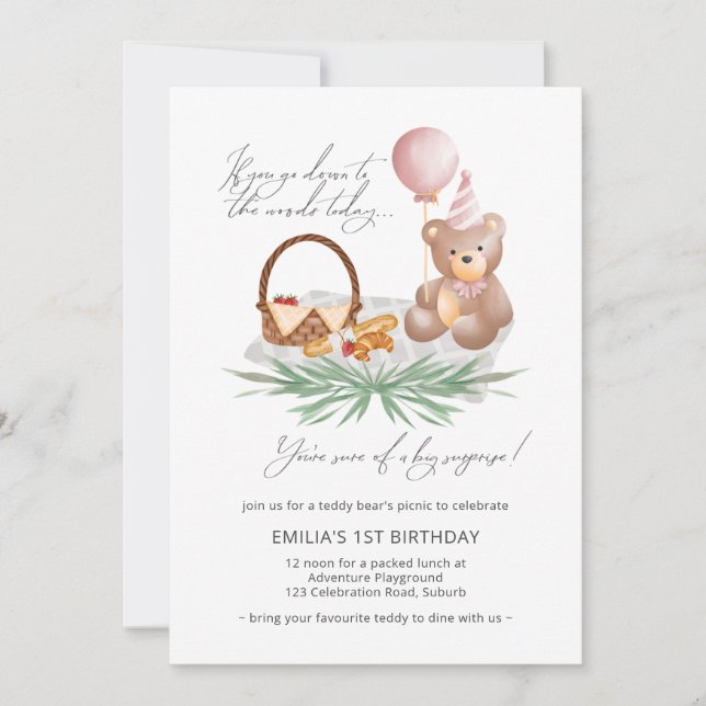Invitación Pink 1Cumpleaños Teddy Bear Picnic (Anverso)