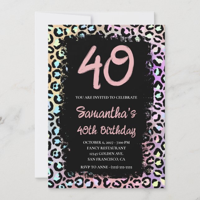 Invitación Pink 40 cumpleaños del leopardo arcoiris irlandés (Anverso)