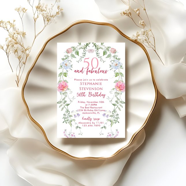 Invitación Pink 50 & Fabulous 50th Birthday Garden Tea Party (Subido por el creador)