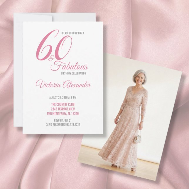 Invitación Pink 60 and Fabulous Elegant Script Birthday (Pink 60 and Fabulous Elegant Script Birthday Invitation)