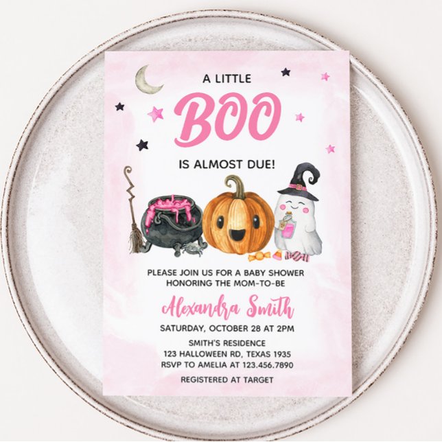 Invitación Pink A Little Boo Baby Shower (Girl Ghost Halloween Baby Shower Invitation)