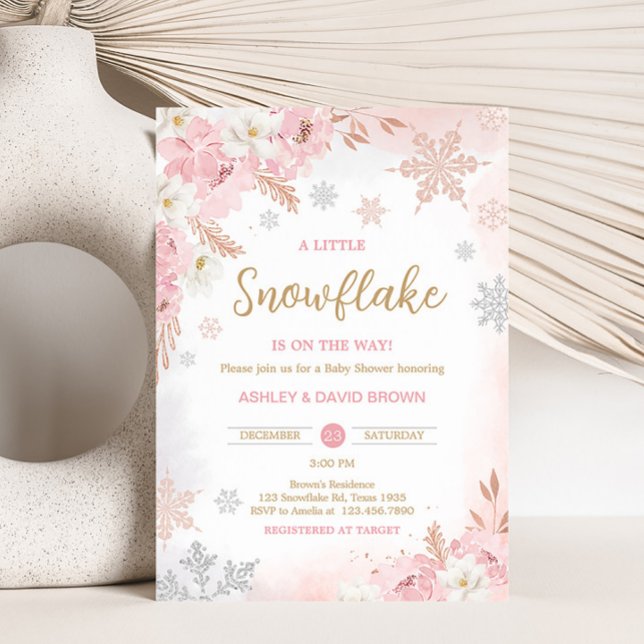 Invitación Pink A Little Snowflake Baby Shower (Pink Little Snowflakes is on the way Baby Shower Invitation)