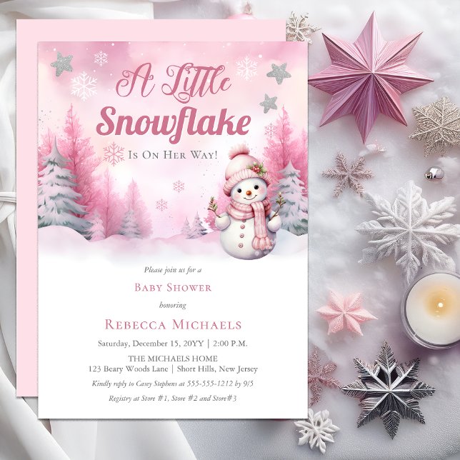 Invitación Pink A Little Snowflake | Baby Shower Chica de nie (Pink A Little Snowflake | Snow Girl Baby Shower Invitation)