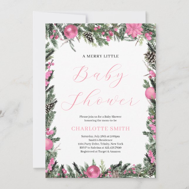 Invitación Pink A Merry Little Baby Shower (Anverso)