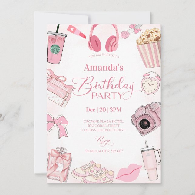 Invitación Pink Aesthetic Girl Birthday Party Invitation (Anverso)