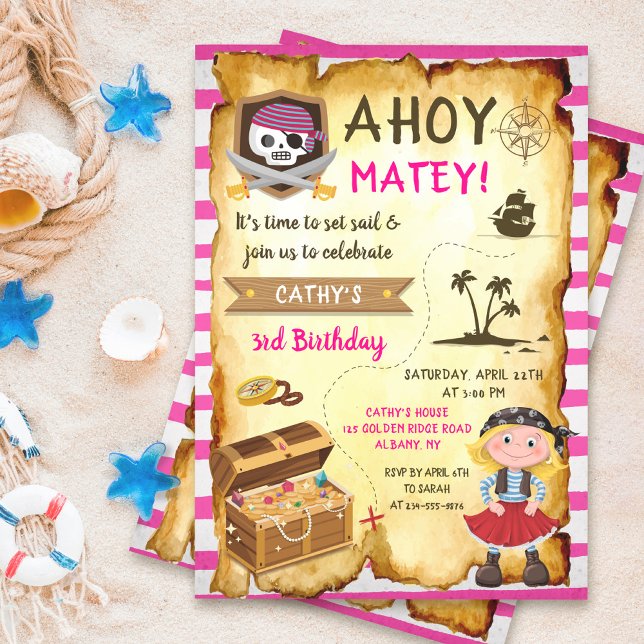 Invitación Pink Ahoy Treasure Map Chicas Pirata Cumpleaños (Subido por el creador)