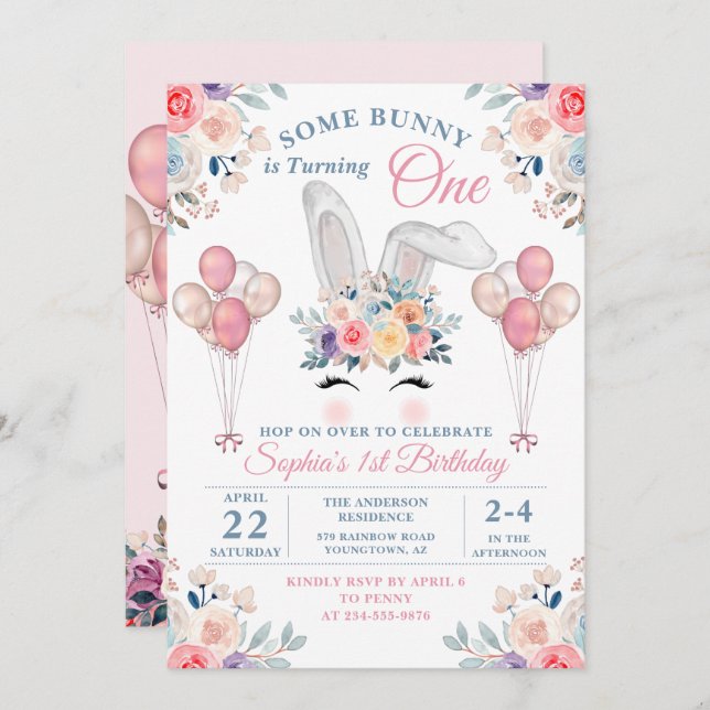 Invitación Pink Algunos conejitos Chicas de globos florales (Anverso / Reverso)