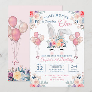 Invitación Pink Algunos conejitos Chicas de globos florales
