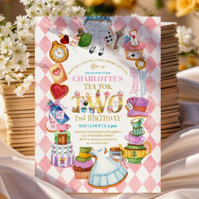 Invitación Pink Alice in Wonderland 2nd birthday Invitation (Subido por el creador)
