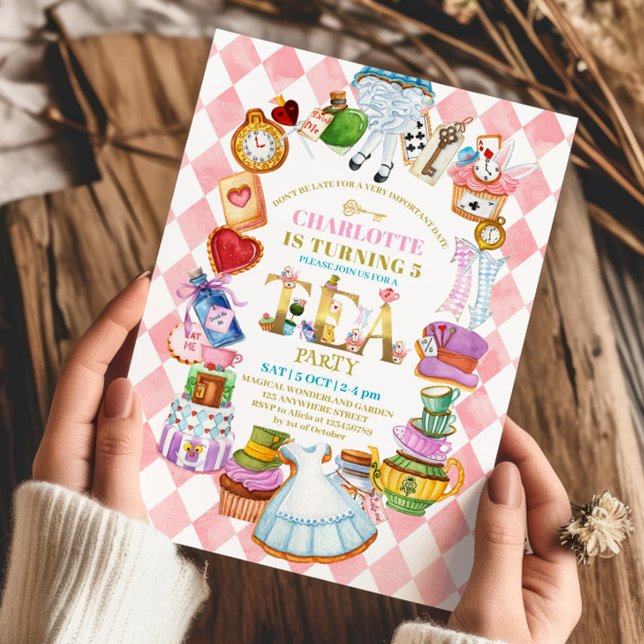 Invitación Pink Alice in Wonderland 5th birthday Invitation (Subido por el creador)