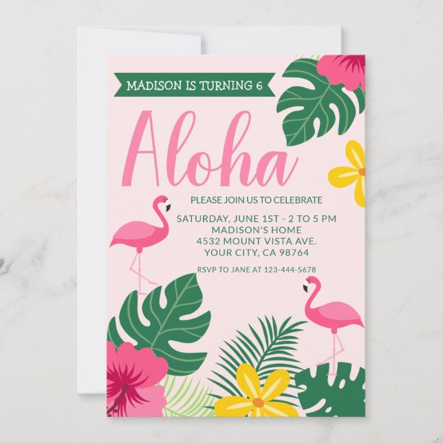 Invitación Pink Aloha Tropical Flamingo Luau 6º cumpleaños (Anverso)