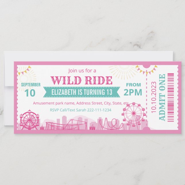 Invitación Pink Amusement Park Birthday Invitation Ticket  (Anverso)