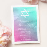 Invitación Pink and Aqua Watercolor Bat Mitzvah Invitations<br><div class="desc">Modern pink and aqua turquoise Bat Mitzvah invitations. This design features a unique watercolor design with a Star of David. Easily personalize for your special event.</div>