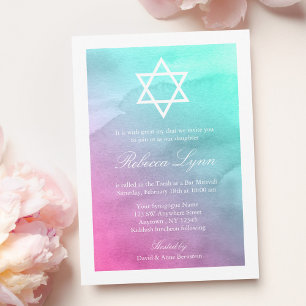 Invitación Pink and Aqua Watercolor Bat Mitzvah Invitations