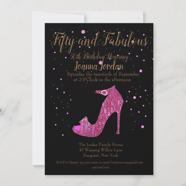 Invitación Pink and Black Cincuenta y Fabulosa Fiesta de Cump (Anverso)