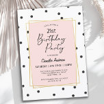 Invitación Pink and Black Confetti Dots 21st Birthday Fiesta<br><div class="desc">En un estilo contemporáneo de moda, este diseño de 21ª invitación a la fiesta de cumpleaños presenta puntos de polka de confeti esparcidos en negro sobre fondo blanco. Un marco doble dorado con un fondo polvoriento rosa pastel rodea el texto en un estilo femenino. El encantador tipo de guión escrito...</div>