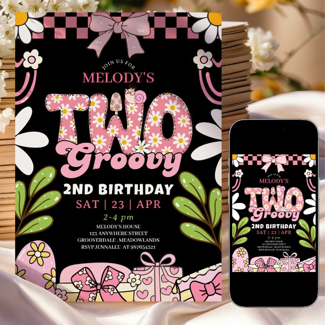 Invitación Pink and Black Daisy 2nd Birthday Retro Birthday (Subido por el creador)
