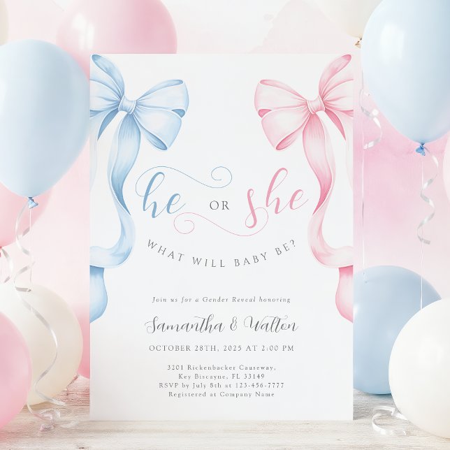 Invitación Pink and Blue Bows Gender Reveal Invitation (Subido por el creador)