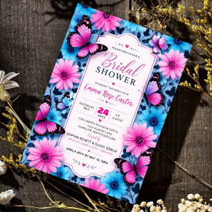 Invitación Pink and Blue Butterfly Bridal Shower Invitation
