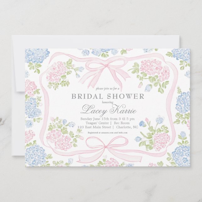 Invitación Pink and blue Floral Bridal Shower Invitation,  (Anverso)